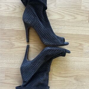 Pedro Garcia Black Perforated Suede Peep-Toe Heeled Booties